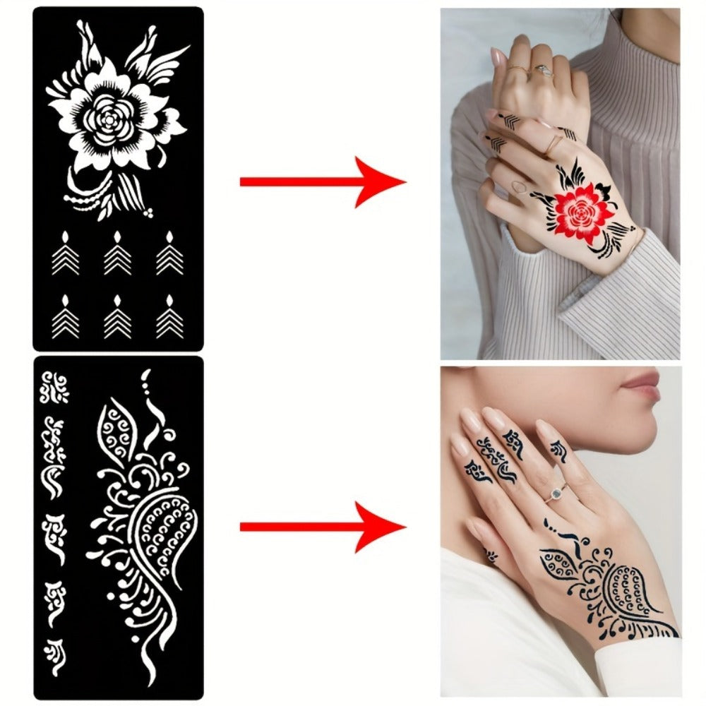 Nine-Sheet Reusable Tattoo Stencil Set with Long Floral and Henna-Style Pattern Cards in HN1 or HN2