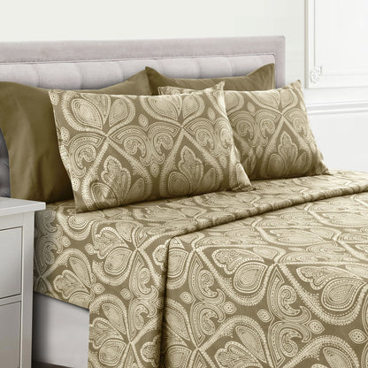 Bed Sheet Set Paisley Brushed Polyester in 4- or 6-Piece Sizing with 16-Inch Pocket and Wash Instructions