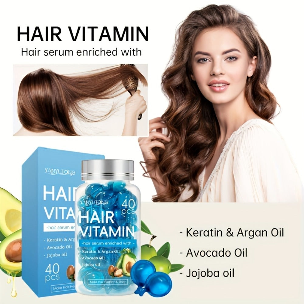Hair Oil Capsules 40pcs — Keratin Hair Vitamin Essence with Moroccan Argan Oil, Avocado Oil & Jojoba Oil | No-Rinse Deep Nourishing & Smoothing Treatment for Frizz Control & Shine | All Hair Types