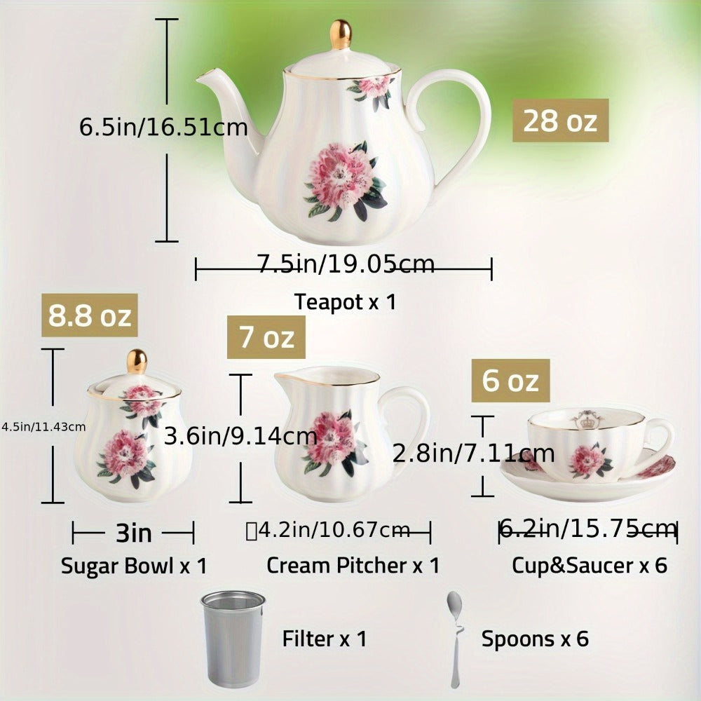 Floral Porcelain-Style Tea Service Set for Six in Five Coral, Peach, Rose, Peony or Spring Designs