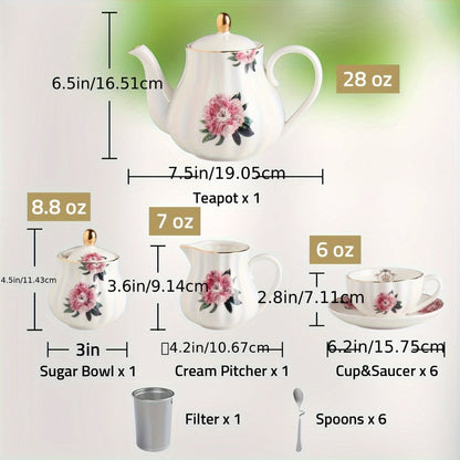 Floral Porcelain-Style Tea Service Set for Six in Five Coral, Peach, Rose, Peony or Spring Designs