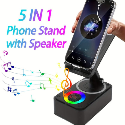 Bluetooth Speaker Phone Holder 5-in-1, 360° Adjustable Tablet Stand with HD Surround Sound, USB Rechargeable Portable Speaker Dock for Smartphones Tablets Home Office Desk