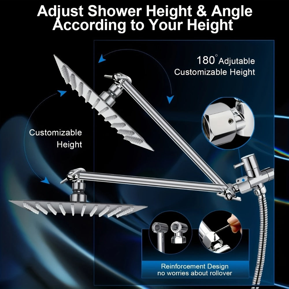High Pressure Rainfall Shower Head Combo with Handheld Spray – 9 Spray Settings, 180° Adjustable Bracket, Stainless Steel Hose, Anti-Clog Nozzles, Modern Bathroom Shower System