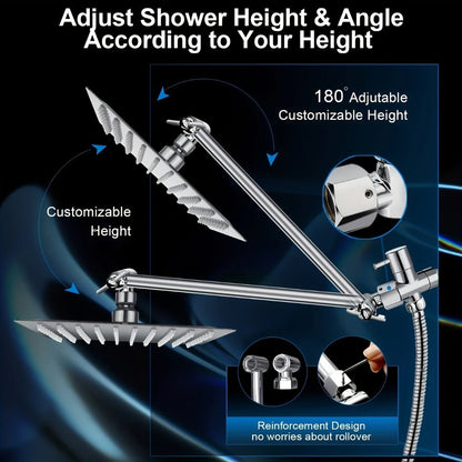 High Pressure Rainfall Shower Head Combo with Handheld Spray – 9 Spray Settings, 180° Adjustable Bracket, Stainless Steel Hose, Anti-Clog Nozzles, Modern Bathroom Shower System