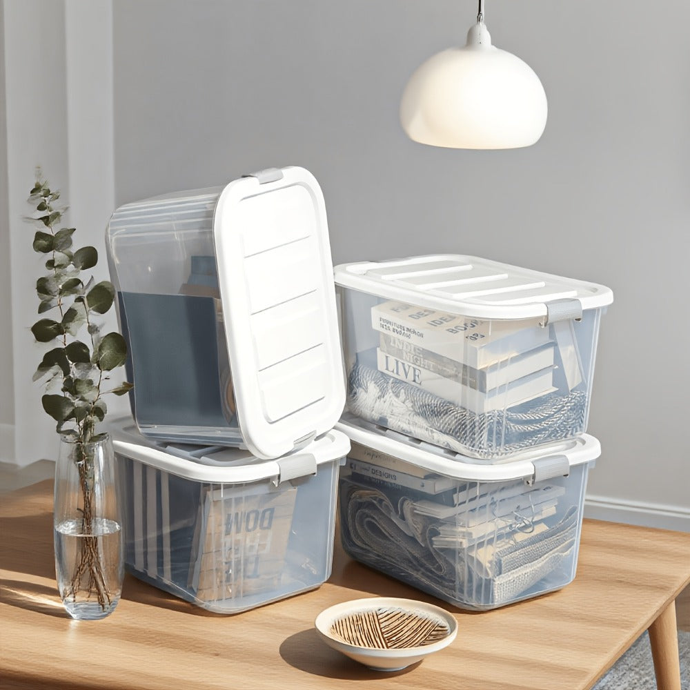 Stackable Storage Bins with Lids 4 Pack Clear Plastic Lidded Containers 46QT Large Organizer Boxes for Pantry Kitchen Bathroom Office Bedroom Closet Garage Seasonal Holiday Storage