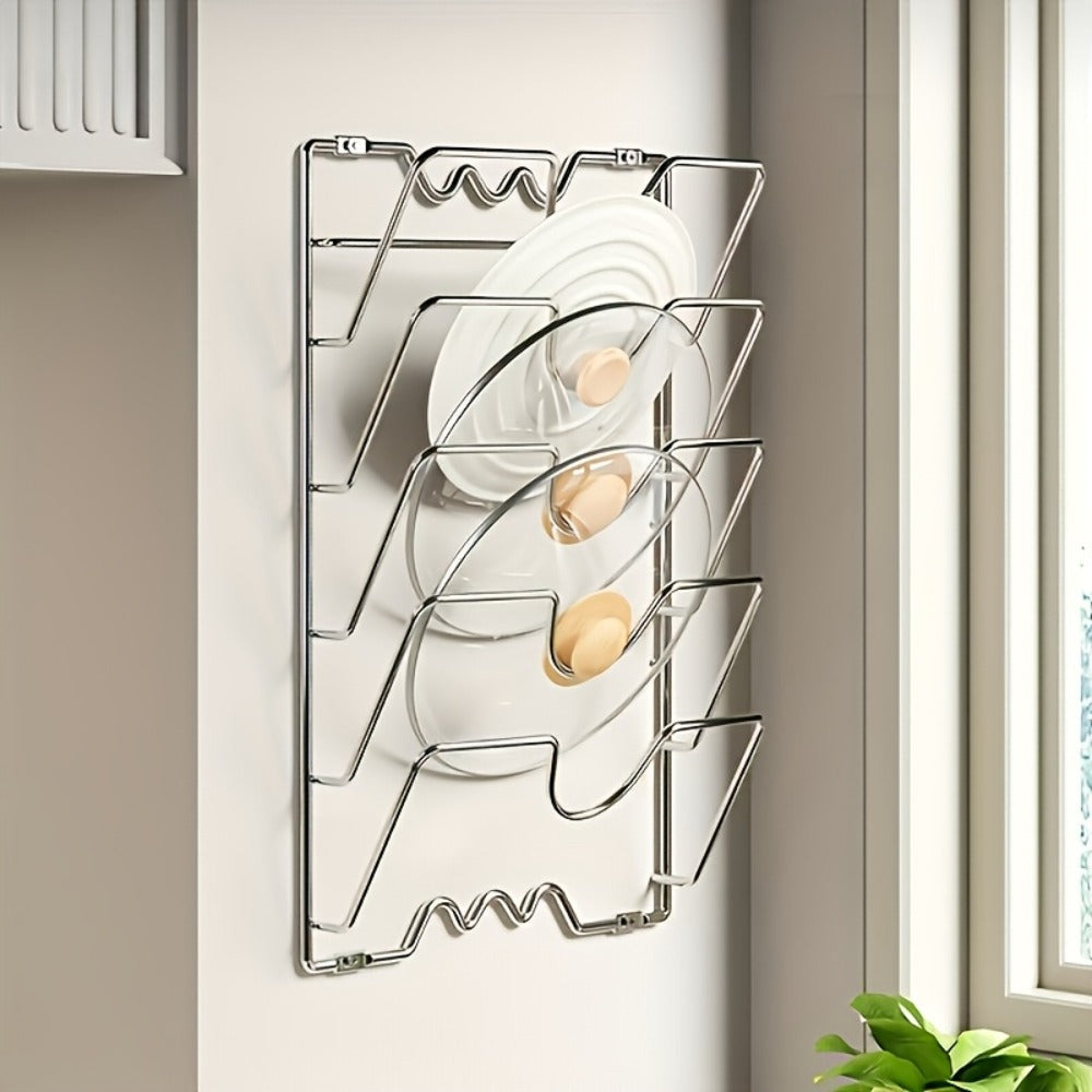 Wall-Mount Pot Lid Kitchen Organizer with Six-Tier Metal Rack for Cabinet Doors or Kitchen Walls