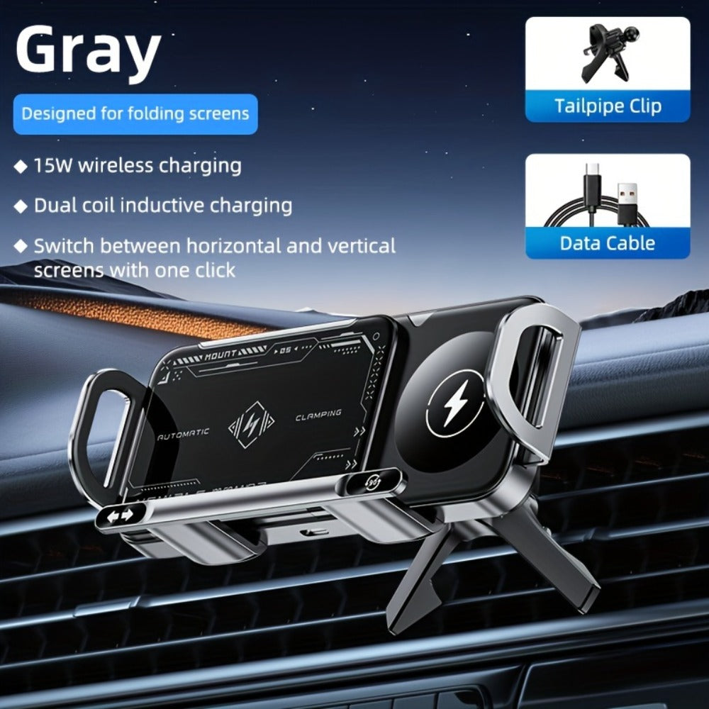Wireless Charging Car Mount 15W Fast Charge – Universal Phone Holder for iPhone 15 14 13 12 11 8 X, Samsung Galaxy S24 S23 Note20 Fold 5 Fold 6, Supports Folding Screen Smartphones