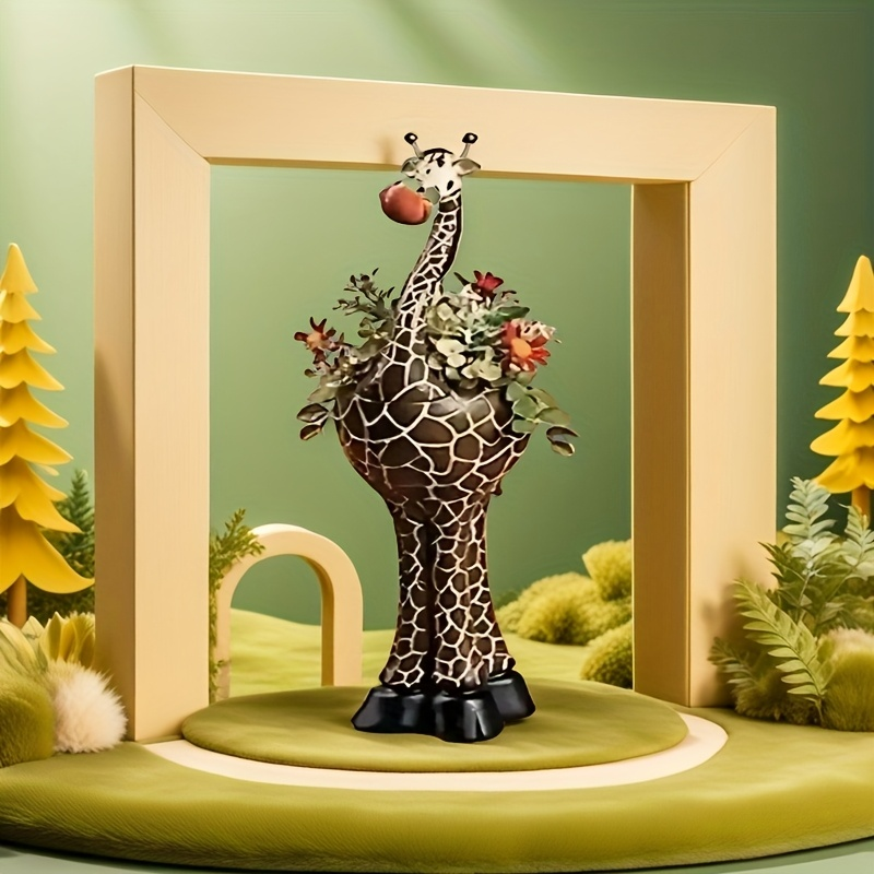 Giraffe-Shaped Decorative Planter with Pictured Long-Neck Body, Open Back Pot and Dark Base