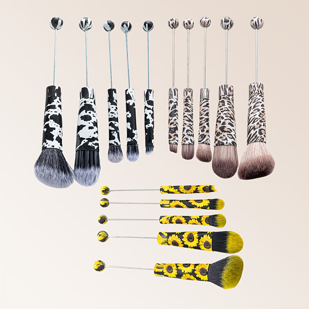 Makeup Brush Set, 15-Piece Bead-Ready Metal Handle Collection with Powder, Blush, Eyeshadow and Angled Brush Shapes