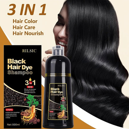 Hair Dye Shampoo, RILSIC 500ml Black 3-in-1 Single Bottle with Pump Dispenser for At-Home Color Application