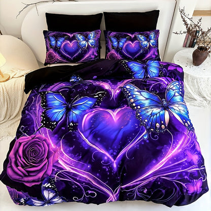 Purple Butterfly Floral Duvet Cover Set 3pcs - Colorful Fancy Butterfly Love Flower Bedding Set with 1 Duvet Cover & 2 Pillowcases, High-Definition Print, Twin Full Queen King, Polyester Bedroom Decor
