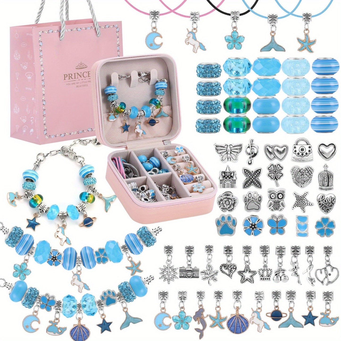 Bracelet Making Craft Kit with Portable Jewelry Box, Beads and Charms in Seven Color or Theme Options