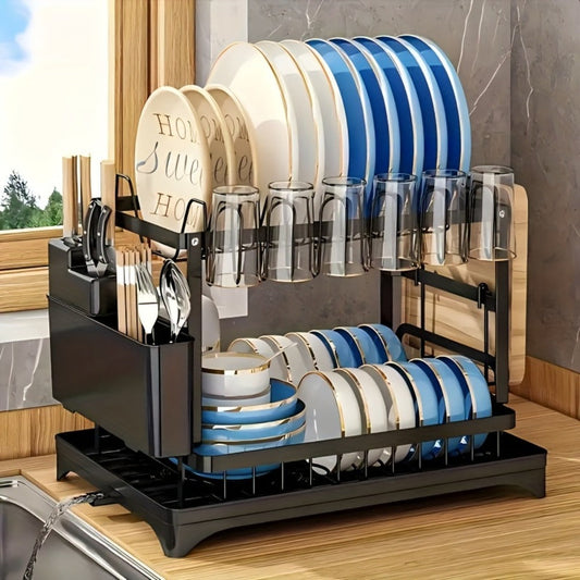 Two-Tier Dish Drying Rack, Compact Metal Countertop Drainer with Drainboard in Three Colors