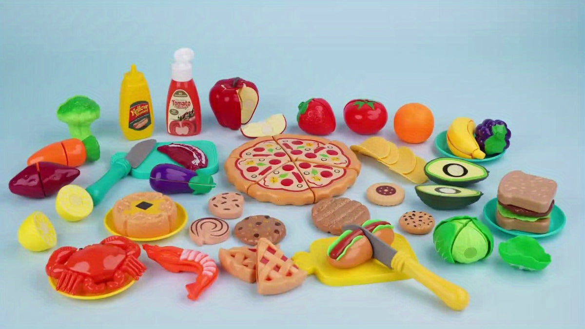 Pretend Play Food Set 85pcs, Cutting Toy Food with 2 Baskets, Pizza Veggies & Fruits, Play Kitchen Accessories for Toddlers