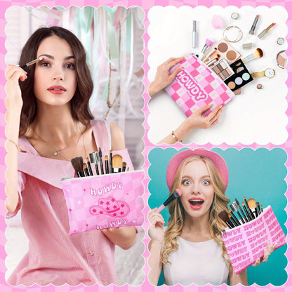 Bulk 24-Piece Pink Cosmetic Pouch Set with Mixed Western-Style Prints and Top Zipper Closures