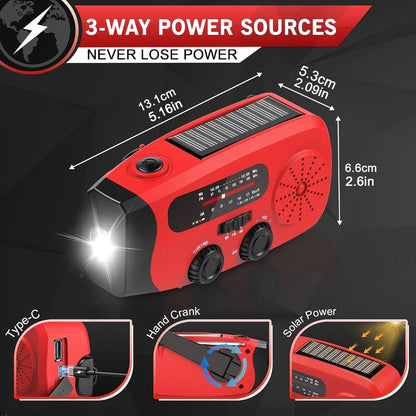 2000mAh AM/FM/NOAA Emergency Radio with Solar Panel, Hand Crank, LED Flashlight and Four Color Options