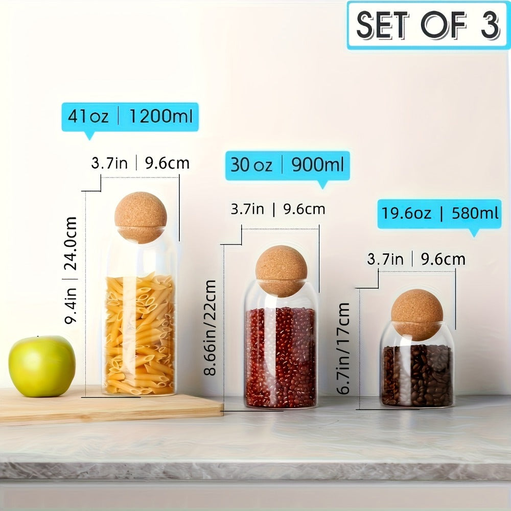 Three-Piece 17-Ounce Glass Storage Jar Set with Round Cork Stoppers for Tea, Candy, Spices or Dry Goods