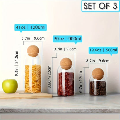 Three-Piece 17-Ounce Glass Storage Jar Set with Round Cork Stoppers for Tea, Candy, Spices or Dry Goods