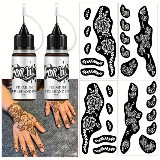 Tattoo Stencil Kit with Brown Paste Ink & Flash Spray – Pre-Cut Hollow Template DIY Freehand Henna Style Temporary Tattoo Body Art Designs 2-Pack No Machine No Electricity for Festivals Parties Gifts