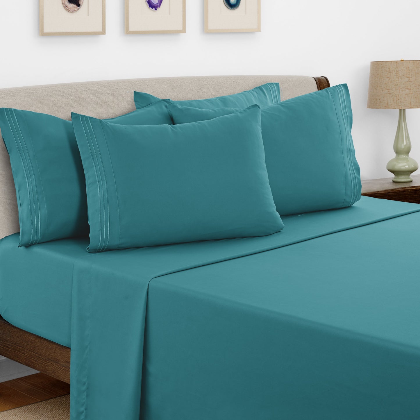 Bed Sheet Set Brushed Microfiber with Embroidered Pillowcases, 16-Inch Pocket and 4- or 6-Piece Sizing