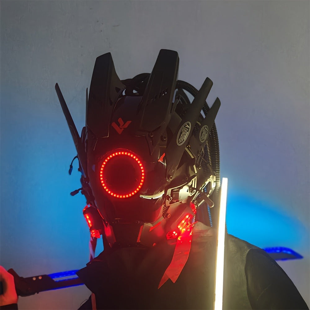 LED Braided Cyberpunk Costume Helmet with Circular Face Light and Blue, Green or Pink Accent Styles
