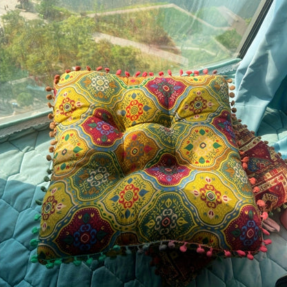 Square Bohemian Floor Cushion in Moroccan Orange or Bohemian Yellow with Forty-Two-Centimeter Size