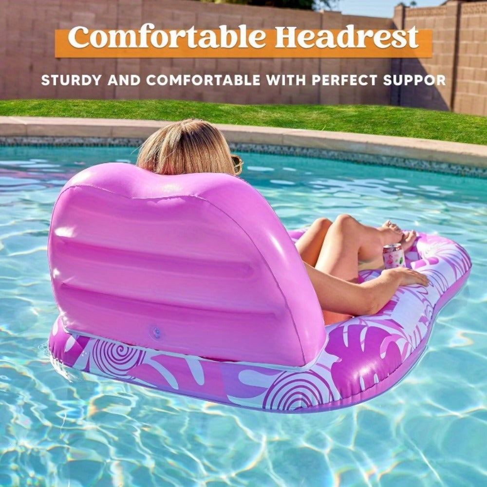 Pink Tropical Inflatable Pool Recliner Float, 60 x 36 x 24 Inches with Mesh Seat and Cup Holder