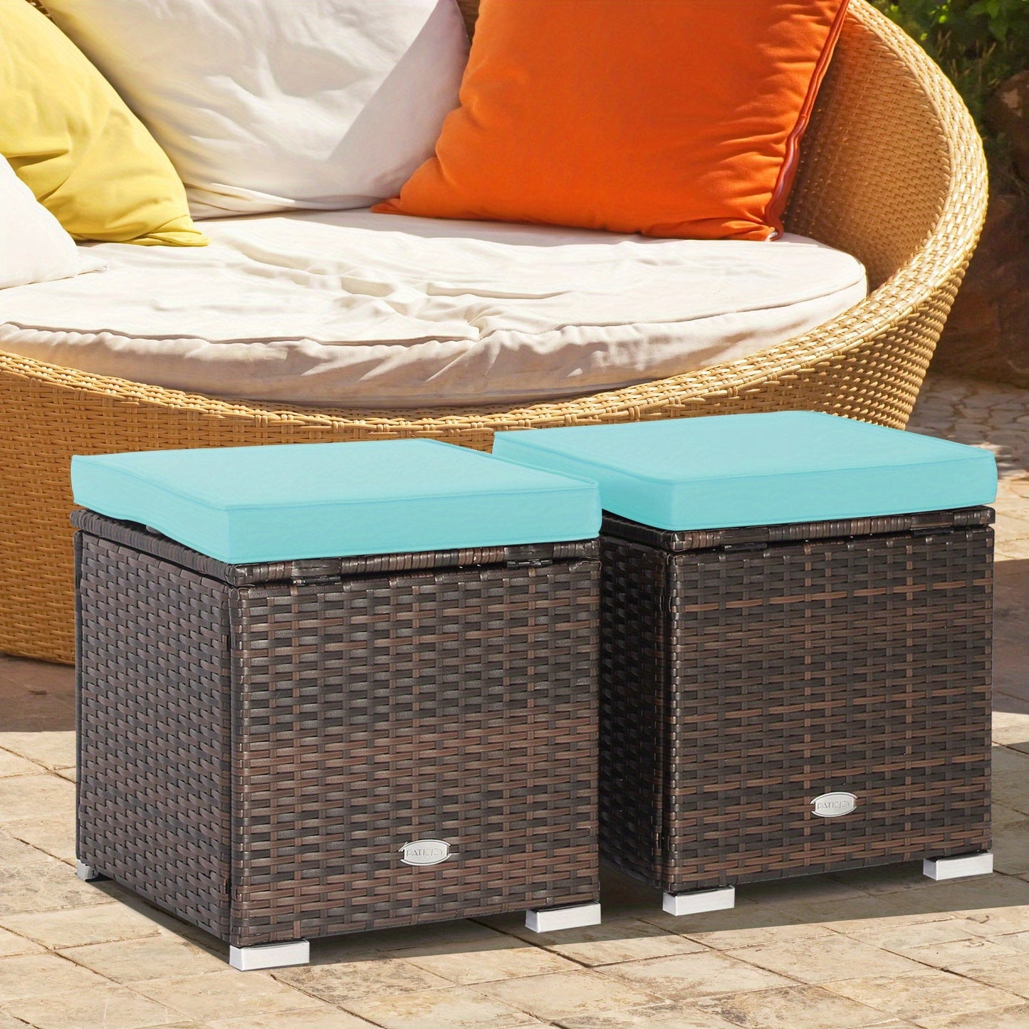 Two-Piece Outdoor Wicker Ottoman Set with Hidden Storage, Detachable Cushions and Six Color Options