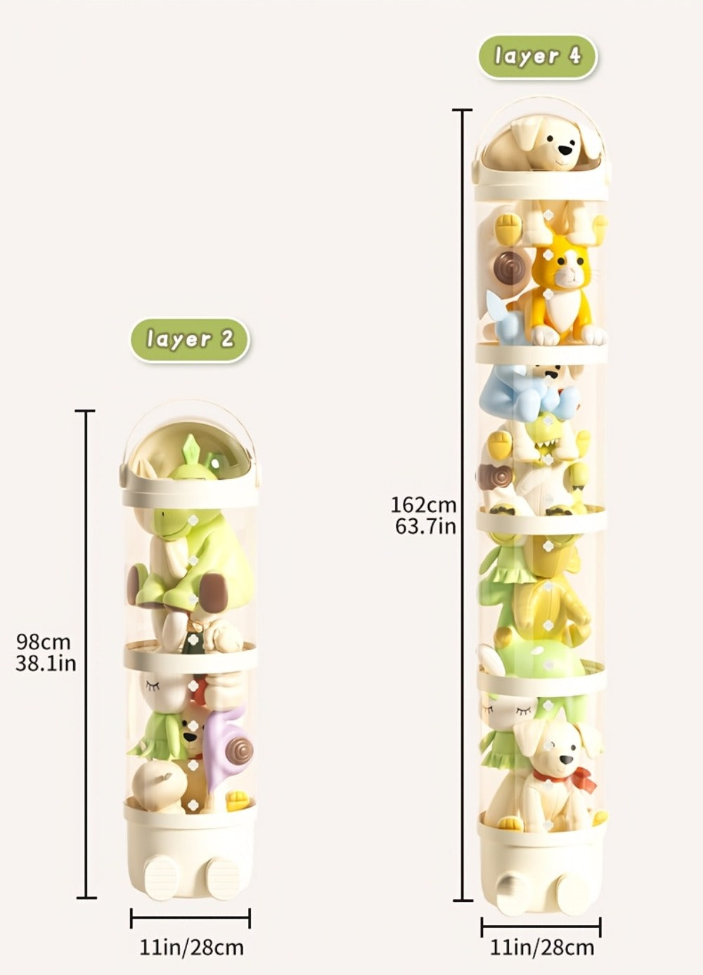 Toy Storage Organizer 4-Layer Transparent Cylindrical Bin in Cream, Pink or Green for Plush Display