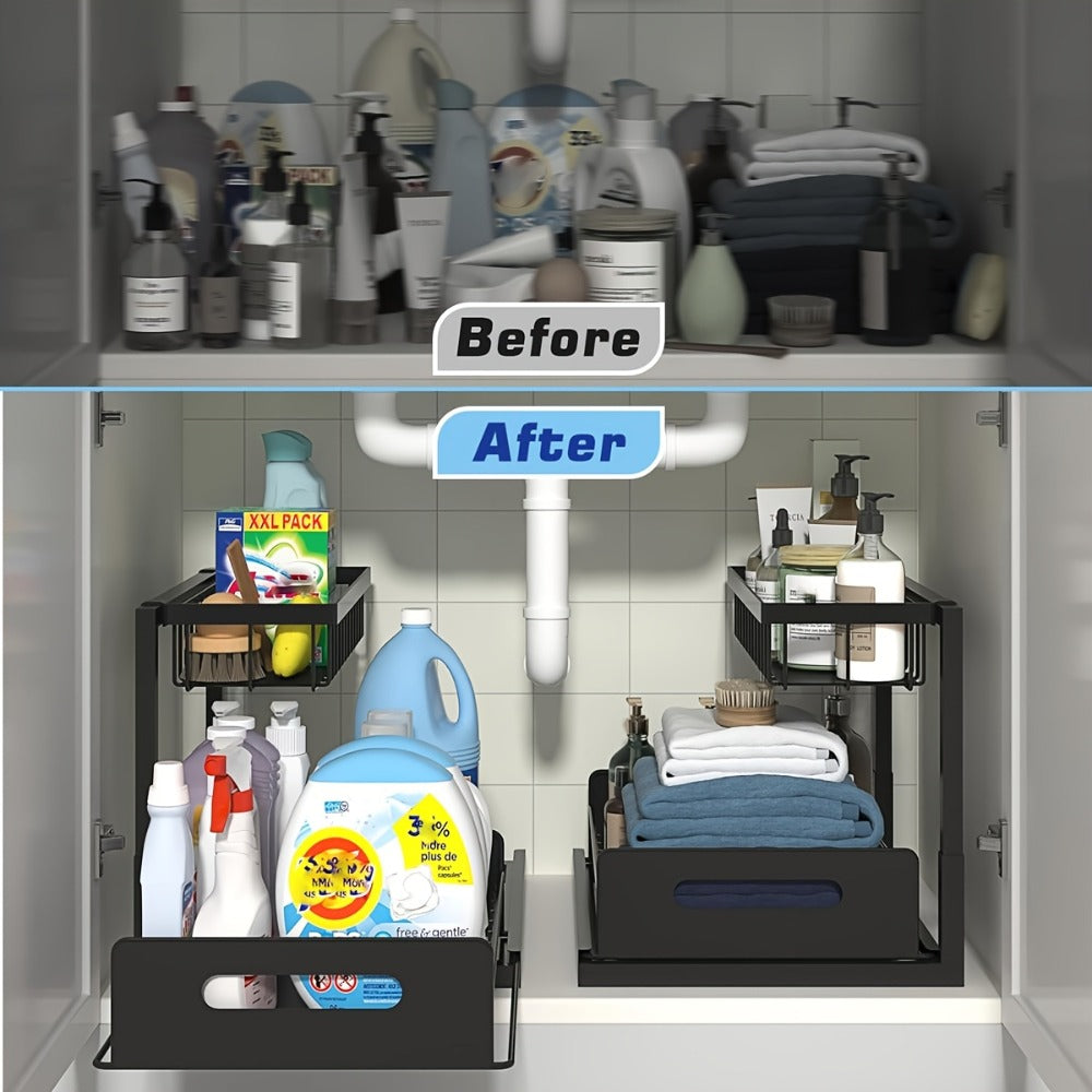 Under Sink Organizer with Sliding Pull-Out Shelf – 2-Tier Metal Cabinet Storage Rack for Kitchen, Bathroom, Pantry & Closet Organization, 1-Pack or 2-Pack