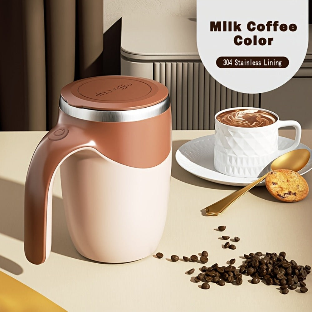 White Self-Stirring Coffee Mug with Magnetic Mixing Piece, Side Button, Lid and 250ml Marking
