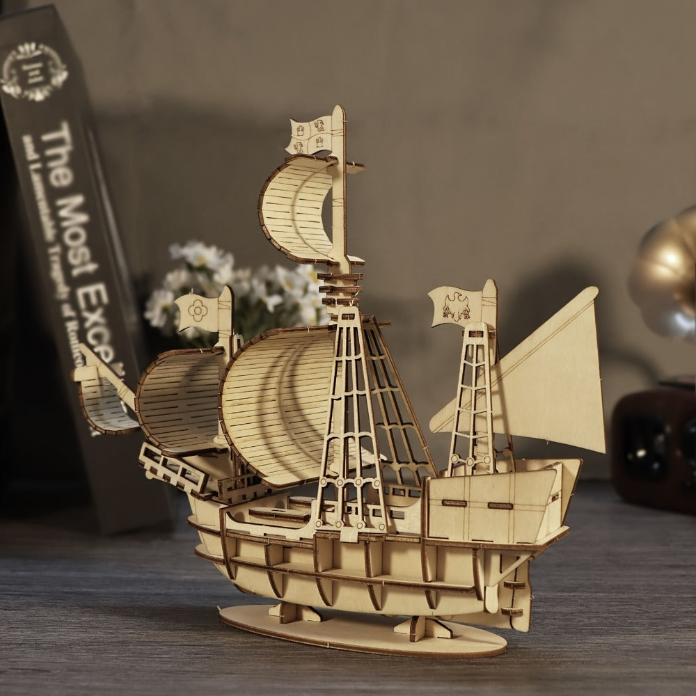 Wooden Sailboat Model Kit Ocean Theme – Handmade 3D DIY Assembly Brain Teaser Puzzle for Adults Teens, Display Ship Model, Nautical Hobbyist Gift for Birthday Christmas Thanksgiving