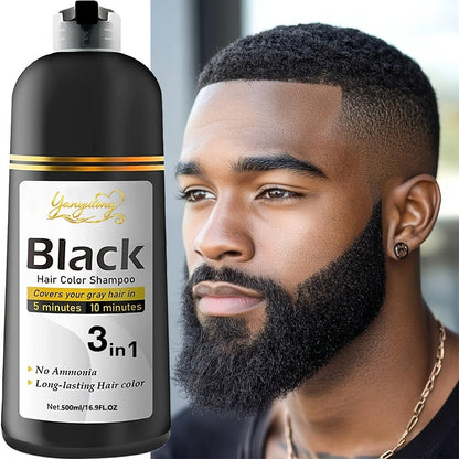 Black Hair Dye Shampoo for Men & Women 500ml — Natural Plant Pigments, Fast Gray Coverage for Hair & Beard, Gentle Scalp-Safe Formula, No Mix No Ammonia, Long-Lasting Color, 16.9 fl oz