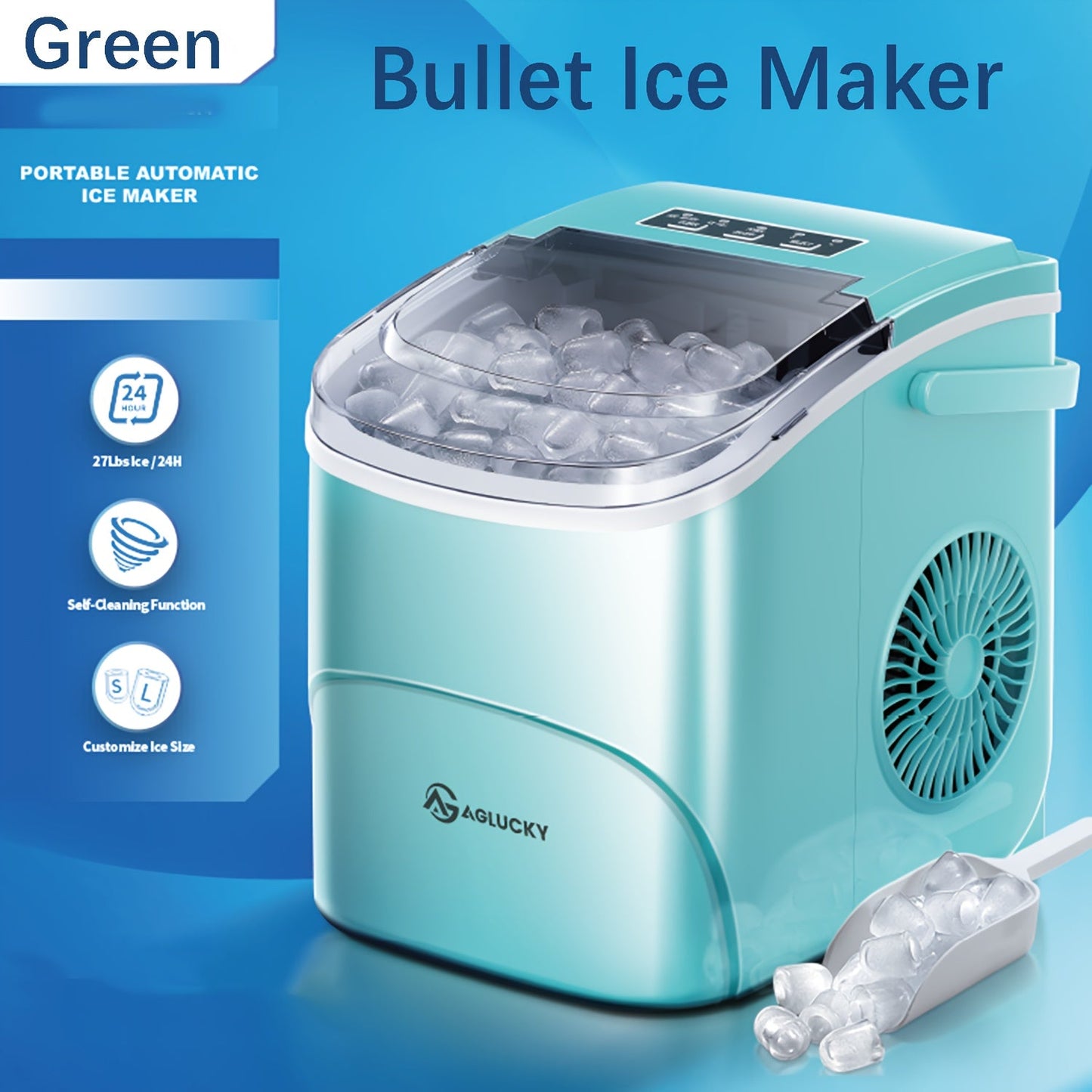 Countertop Bullet Ice Maker with 26 lb Daily Label, Cleaning Cycle and Four Color Selections