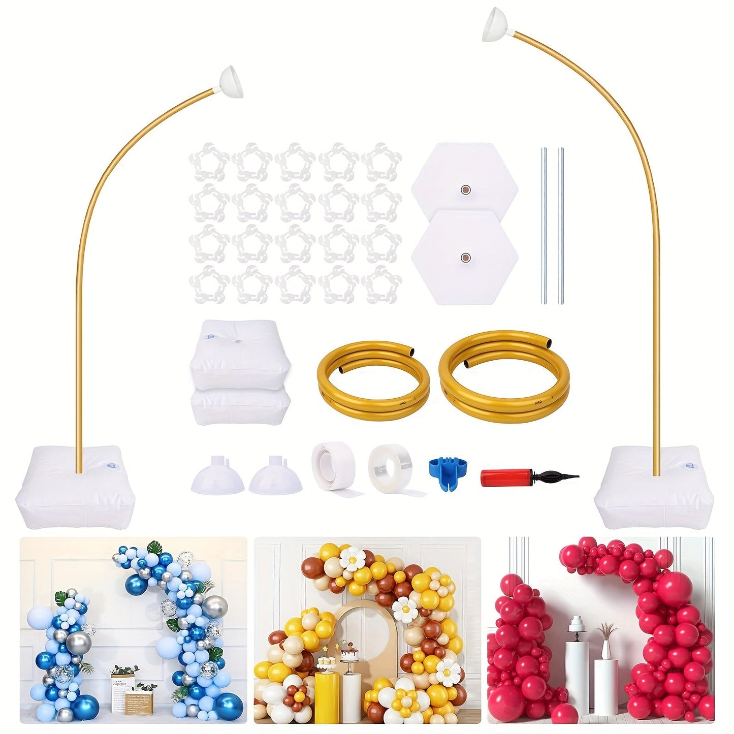Two-Piece Flexible Gold Balloon Arch Stand Kit with 8FT and 5FT Columns, Bases and Attachments