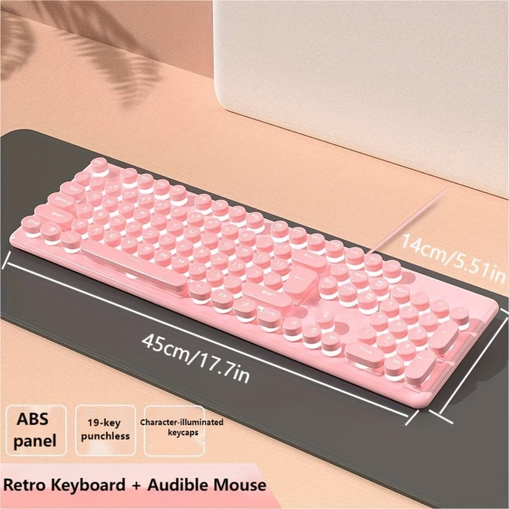 Retro Round-Key Wired Keyboard and 6D Mouse Set with Pink or Blue USB Color Options and One-Touch Lighting