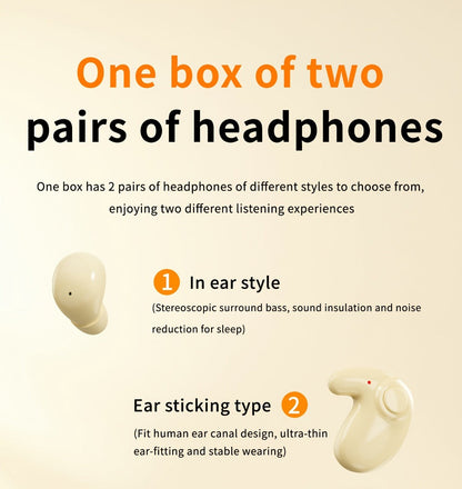 Invisible Sleep Wireless Earbuds 2 Pairs, Mini In-Ear Earphones HiFi Sound Noise Reduction Bass Touch Control Digital Display Long Battery Type-C, for Office Leisure Sport Sleep Men Women