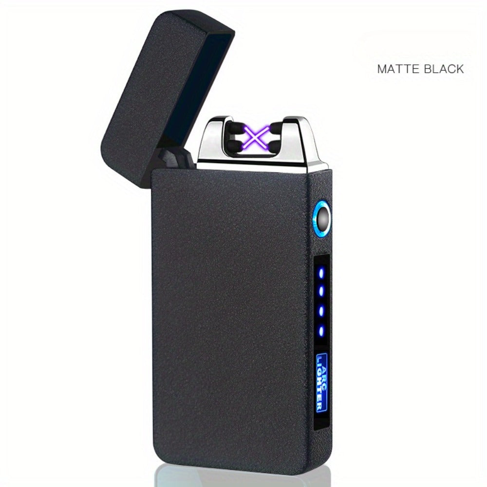 Flip-Top Dual-Arc Electric Lighter with Power Display in Three Black and Blue Color Options