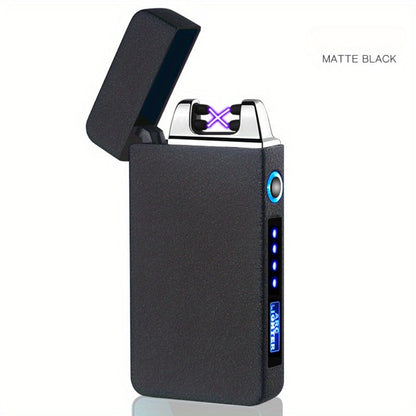 Flip-Top Dual-Arc Electric Lighter with Power Display in Three Black and Blue Color Options