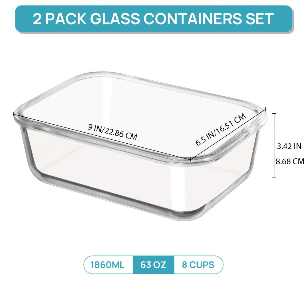 Glass Food Storage Containers with Lids 2 Pack – 63oz Large Airtight Snap Lock Meal Prep Containers, Leak Proof Glass Dish with Lid for Oven, Microwave & Refrigerator, Food Transport Tubs