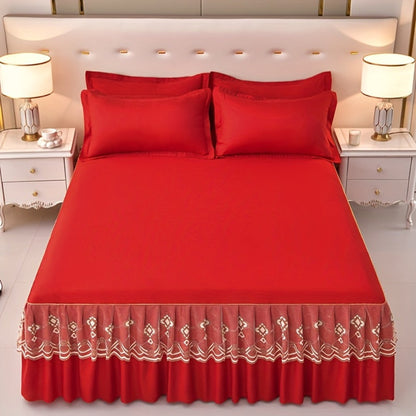 Macrame Lace Bed Skirt Set 3pcs – Double Layer Non-Slip Bed Skirt with 2 Pillowcases All Seasons Twin Full Queen King