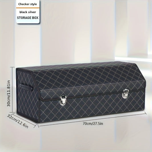 PU Leather Foldable Car Trunk Organizer Box with Lid – Collapsible Cargo Storage Bin for SUV & Sedan, Tool & Accessory Container, 15" & 28" Sizes, Coffee, Black Silver & Black Red