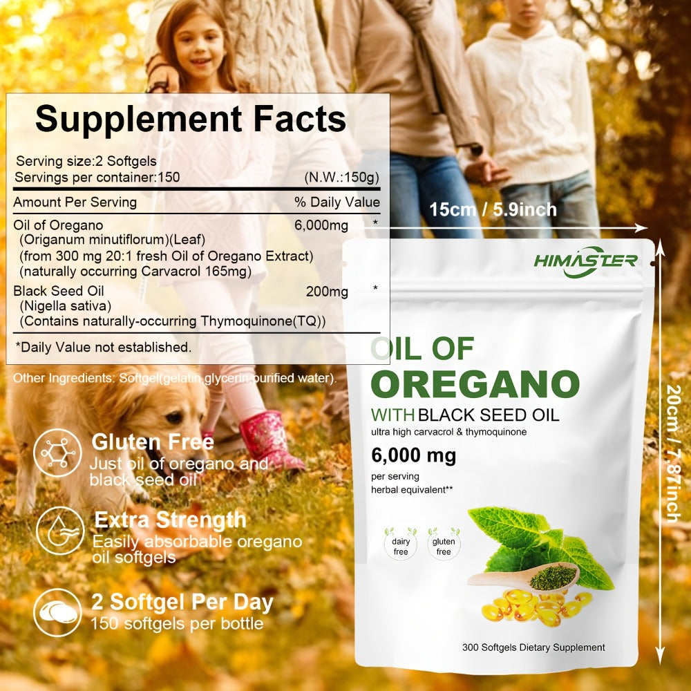 Oil of Oregano Softgels 300 Count 2-in-1 with Black Seed Oil, Ultra-High Carvacrol & Thymoquinone for Immune Support, Antioxidant Defence & Natural Antibiotic Alternative for Men & Women