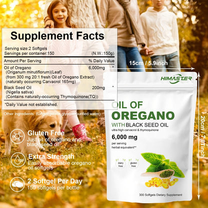 Oil of Oregano Softgels 300 Count 2-in-1 with Black Seed Oil, Ultra-High Carvacrol & Thymoquinone for Immune Support, Antioxidant Defence & Natural Antibiotic Alternative for Men & Women
