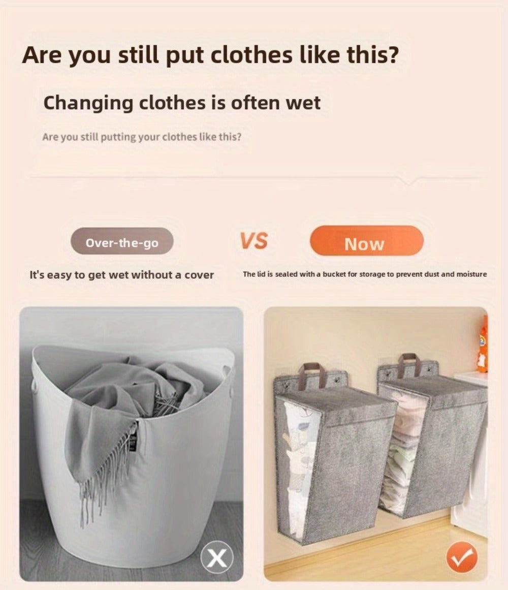 Large Gray Wall-Mounted Foldable Laundry Hamper with Lid for Bedrooms, Bathrooms and Living Rooms