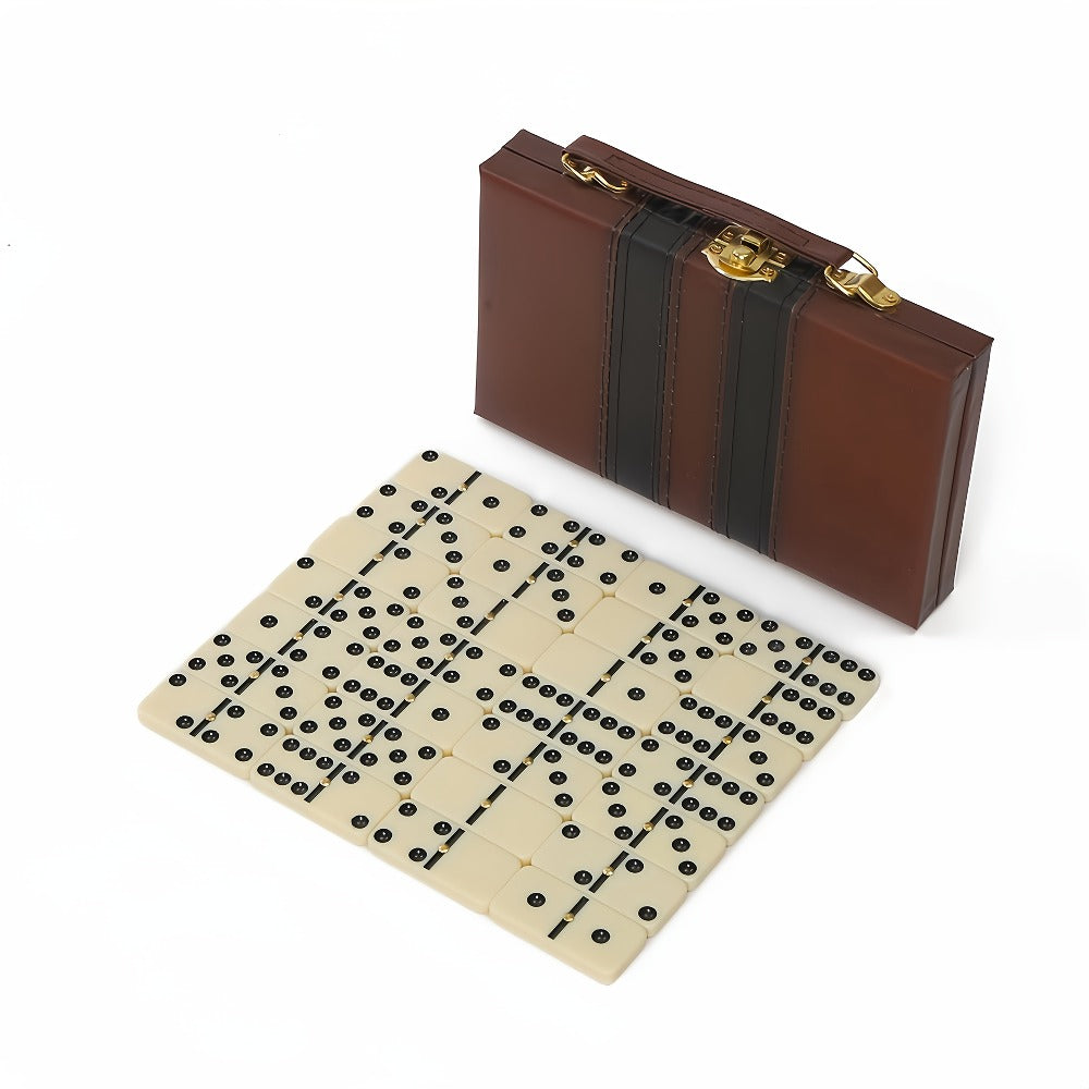 Extra-Large Double-Six Domino Set with 28 Ivory-Color Tiles, Center Spinners and Brown Storage Case