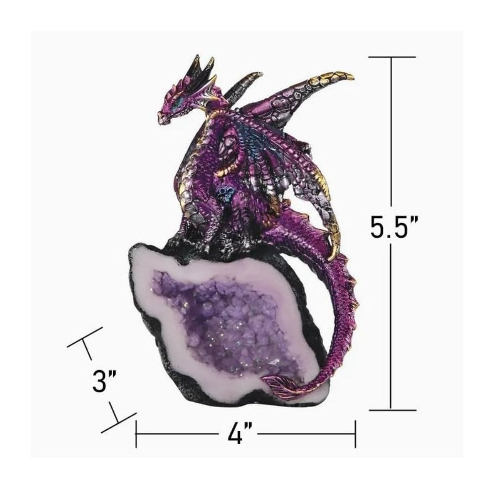 Purple Dragon and Crystal-Cave Figurine with 5.5-Inch Listed Height and Faceted Geode Base