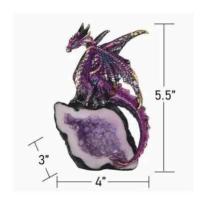 Purple Dragon and Crystal-Cave Figurine with 5.5-Inch Listed Height and Faceted Geode Base