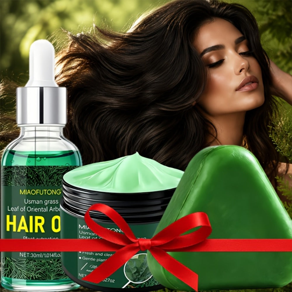 Three-Piece Usman Grass Hair Care Kit with 120g Triangular Shampoo Bar, Oil and Mask Formats