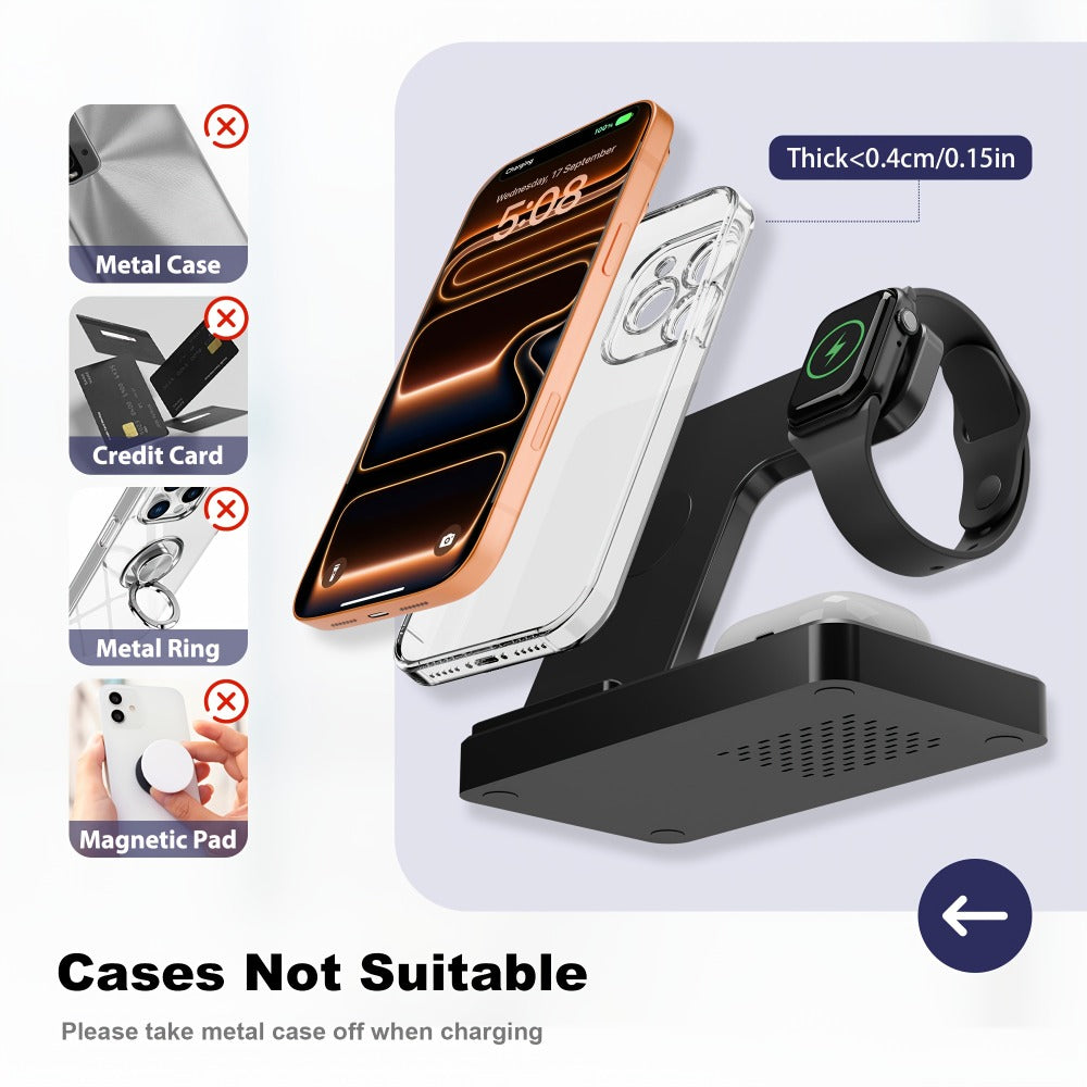Foldable 3-in-1 Wireless Charging Station with LED Indicator & Anti-Slip Fast Charge for iPhone 17 16 15 14 13 12 11 Pro Max XR XS, Apple Watch Ultra Series 11 10 9 8 7 6 5 SE, AirPods 4 3 2 Pro & Samsung Galaxy – Black White, With/Without Adapter